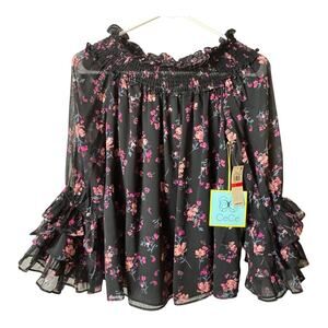 CeCe Black Floral Lined Ruffled Sleeve  Blouse Sz XS  NWT